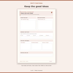 Autumn idea bank and review page with hooks, asset checklist, reflections and a next-step field.