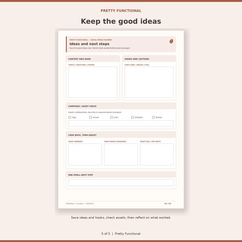 Autumn idea bank and review page with hooks, asset checklist, reflections and a next-step field.