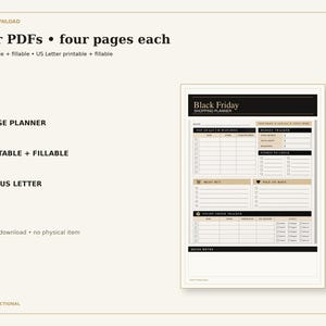 Four PDFs for the four-page Black Friday Shopping Planner, printable and fillable in A4 and US Letter.