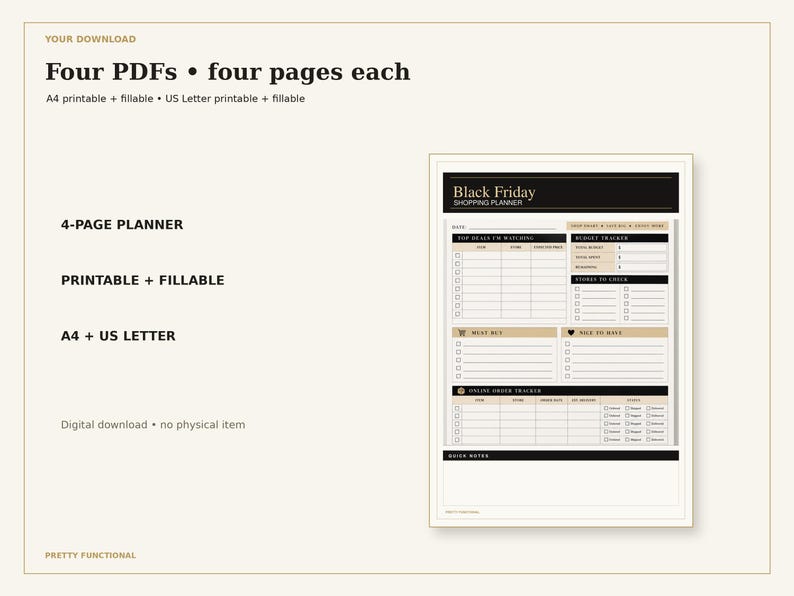 Four PDFs for the four-page Black Friday Shopping Planner, printable and fillable in A4 and US Letter.