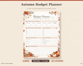 May include: An Autumn Budget Planner printable page featuring sections for monthly totals, financial goals, top priorities, budget health, and notes. The design includes watercolor autumn leaves, a coffee mug, and pumpkins.