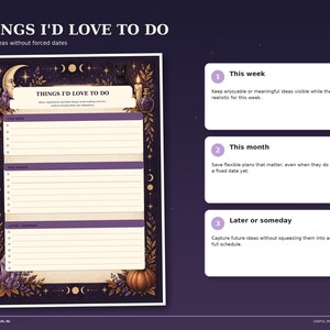 Witchy Night Things I'd Love to Do page with sections for this week, this month and later or someday, plus space for ideas in a celestial border.