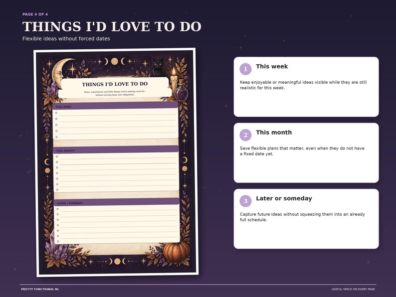 Witchy Night Things I'd Love to Do page with sections for this week, this month and later or someday, plus space for ideas in a celestial border.