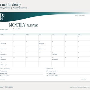 Tidal Index monthly printable planner filled with an illustrative November 2026 office planning example. The six-row calendar includes real November dates, selected work events, priorities and deadlines. Design uses teal and petrol gradients and the PF monogram.