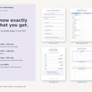 All four actual Minimalist Daily Checklist PDF pages: A5 instructions, A5 checklist, A6 Point Guide and A4 scoreboard, with matching-paper print guidance.
