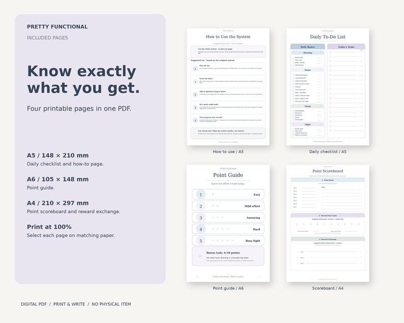 All four actual Minimalist Daily Checklist PDF pages: A5 instructions, A5 checklist, A6 Point Guide and A4 scoreboard, with matching-paper print guidance.