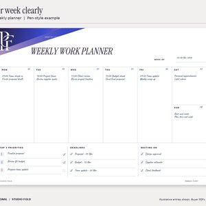 Studio Fold weekly printable planner filled with an illustrative November 2026 office planning example. All seven days, priorities, deadlines and waiting-on entries are visible. Design uses cobalt and purple gradients and the PF monogram.