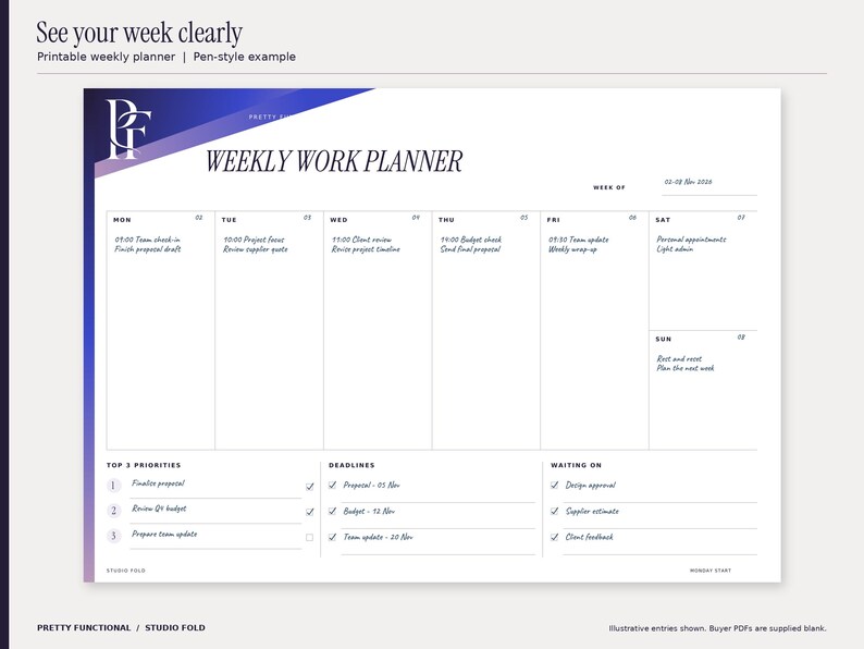 Studio Fold weekly printable planner filled with an illustrative November 2026 office planning example. All seven days, priorities, deadlines and waiting-on entries are visible. Design uses cobalt and purple gradients and the PF monogram.