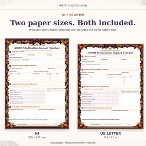 Halloween medication tracker in A4 and US Letter, shown at matching physical scale. Both sizes include printable and fillable versions.