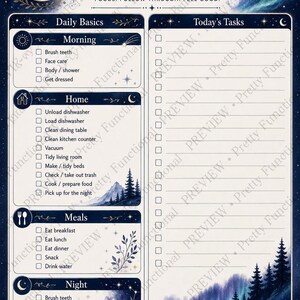 A printable daily to-do list planner page featuring a dark blue celestial aurora background with sections for morning, home, meals, night, and today's tasks.