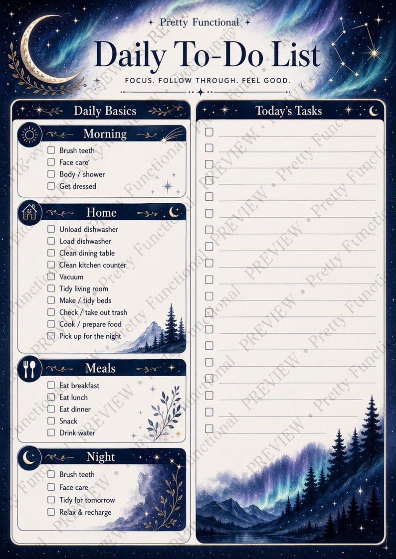 A printable daily to-do list planner page featuring a dark blue celestial aurora background with sections for morning, home, meals, night, and today's tasks.