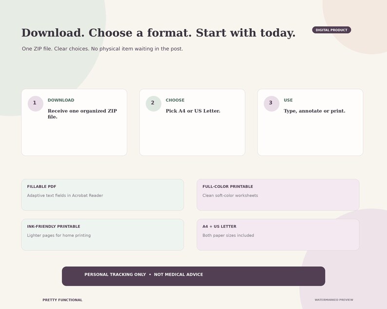 Digital-download instructions showing three steps: download one ZIP file, choose A4 or US Letter, then type, annotate or print using fillable, color or ink-friendly PDFs.