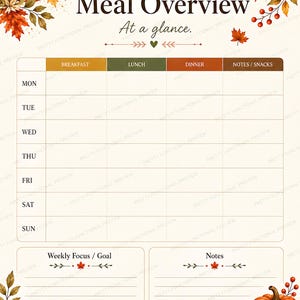 A printable weekly meal overview template with a grid for Monday through Sunday, accented with autumn leaves and small pumpkins.