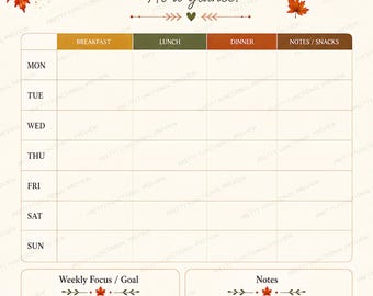 May include: A weekly meal overview planner sheet featuring autumn-themed illustrations of orange pumpkins, red and yellow maple leaves, and red berries. The grid includes columns for breakfast, lunch, dinner, and notes, plus sections for weekly goals and notes.