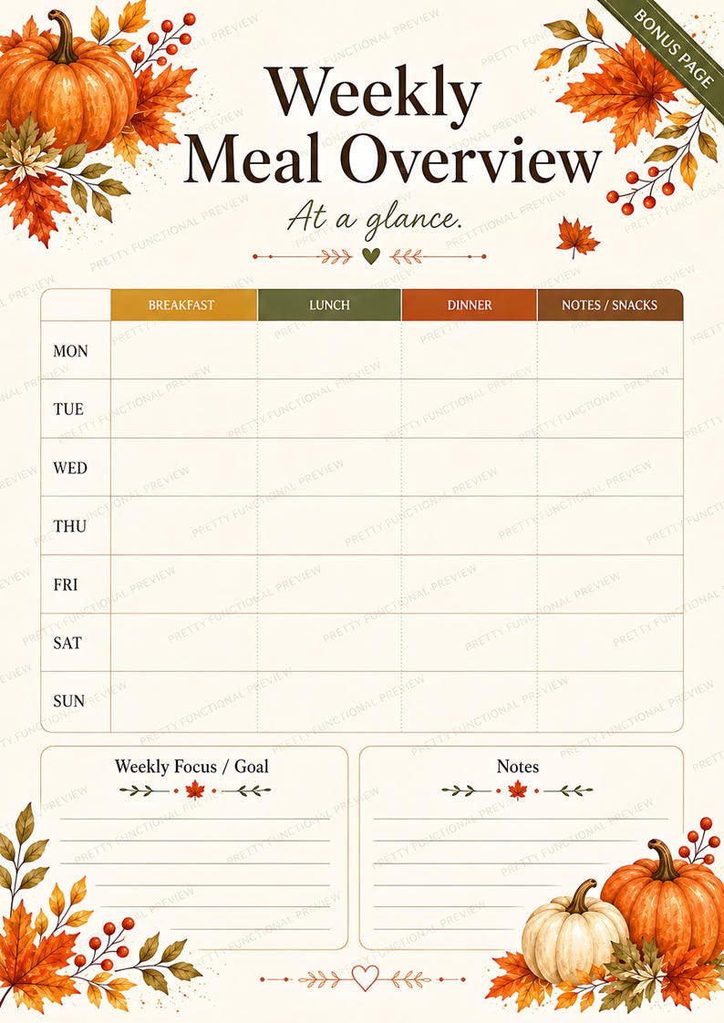 A printable weekly meal overview template with a grid for Monday through Sunday, accented with autumn leaves and small pumpkins.