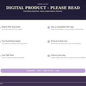 Important information for the Witchy Night digital planner: PDF download, compatible PDF app, four pages, four files, print at actual size and colors may vary.