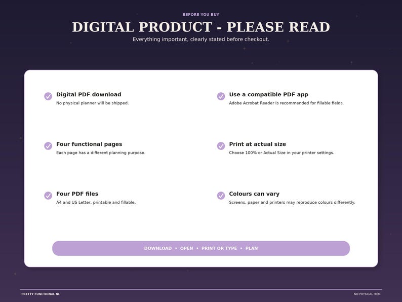 Important information for the Witchy Night digital planner: PDF download, compatible PDF app, four pages, four files, print at actual size and colors may vary.