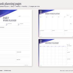 Blank Studio Fold daily, weekly and monthly planner pages, showing the three actual page designs supplied in each bundle. Weekly and monthly pages start on Monday in A4 and Sunday in US Letter. Design uses cobalt and purple gradients and the PF monogram.