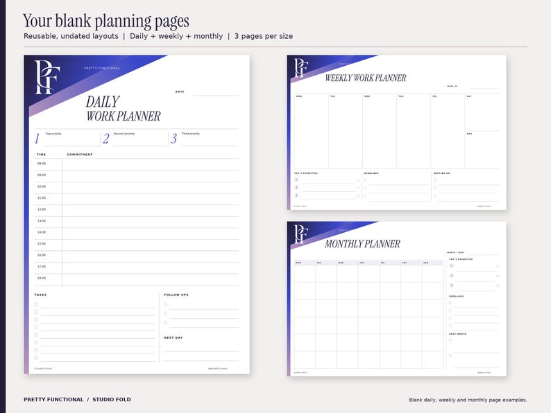 Blank Studio Fold daily, weekly and monthly planner pages, showing the three actual page designs supplied in each bundle. Weekly and monthly pages start on Monday in A4 and Sunday in US Letter. Design uses cobalt and purple gradients and the PF monogram.