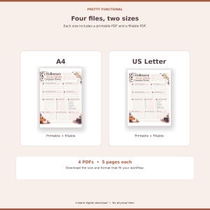 A4 and US Letter planner previews with printable and fillable PDFs in both sizes.