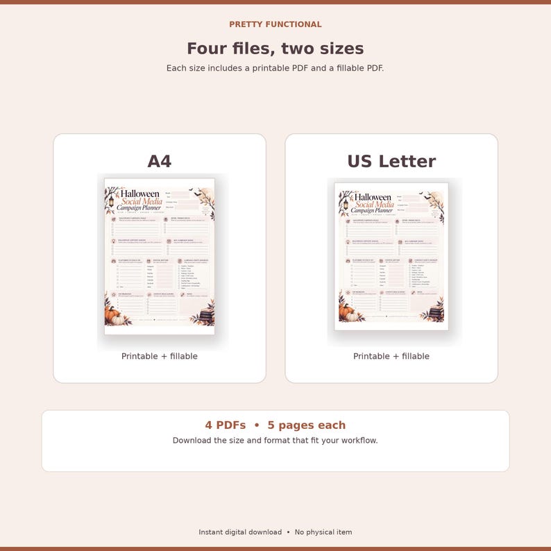 A4 and US Letter planner previews with printable and fillable PDFs in both sizes.