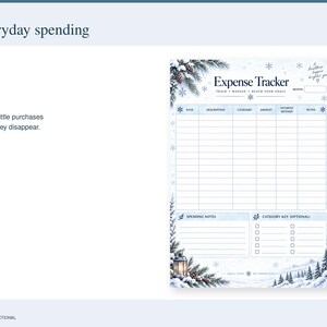 Actual Winter Expense Tracker PDF page showing a spending table with date, description, category and amount columns.