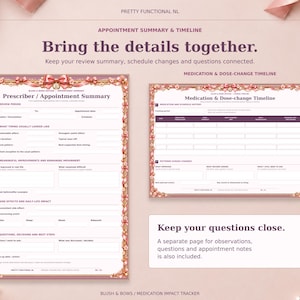 Blush & Bows prescriber appointment summary beside the medication and dose-change timeline. A separate observation and appointment notes page is also included.