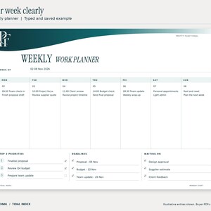 Tidal Index weekly fillable planner filled with an illustrative November 2026 office planning example. All seven days, priorities, deadlines and waiting-on entries are visible. Design uses teal and petrol gradients and the PF monogram.