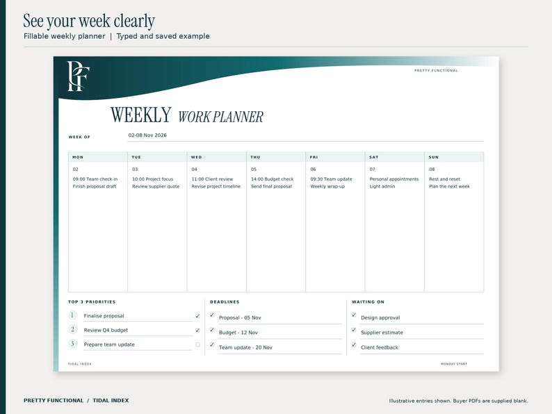 Tidal Index weekly fillable planner filled with an illustrative November 2026 office planning example. All seven days, priorities, deadlines and waiting-on entries are visible. Design uses teal and petrol gradients and the PF monogram.