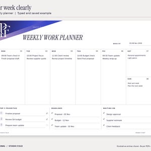 Studio Fold weekly fillable planner filled with an illustrative November 2026 office planning example. All seven days, priorities, deadlines and waiting-on entries are visible. Design uses cobalt and purple gradients and the PF monogram.