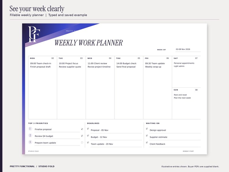Studio Fold weekly fillable planner filled with an illustrative November 2026 office planning example. All seven days, priorities, deadlines and waiting-on entries are visible. Design uses cobalt and purple gradients and the PF monogram.