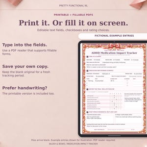 Blush & Bows fillable medication tracker shown on a tablet mockup with clearly labelled fictional example entries. The downloaded PDFs are blank and require a compatible PDF reader.