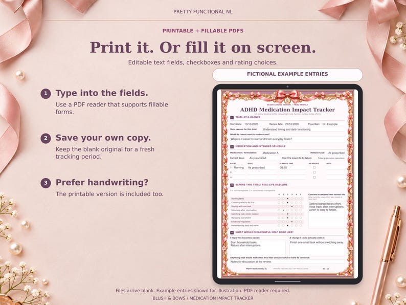 Blush & Bows fillable medication tracker shown on a tablet mockup with clearly labelled fictional example entries. The downloaded PDFs are blank and require a compatible PDF reader.