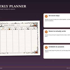 Halloween weekly planner page with seven columns for Monday through Sunday, space for appointments, tasks and notes, and an undated seasonal design.