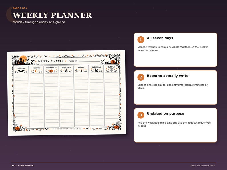 Halloween weekly planner page with seven columns for Monday through Sunday, space for appointments, tasks and notes, and an undated seasonal design.