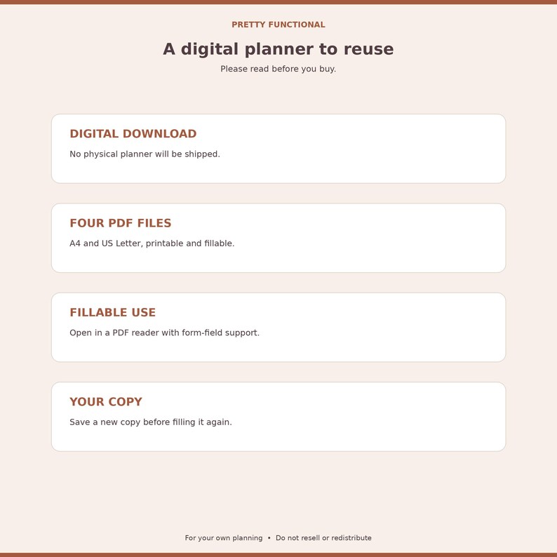 Digital download information explaining four PDF files, form-field use and no physical shipping.