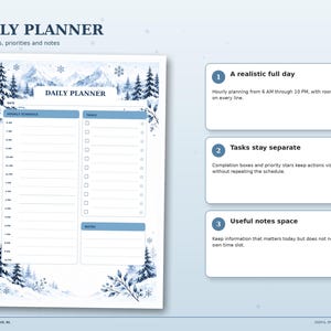 Winter Mountains daily planner with a 6 AM to 10 PM hourly schedule, task checklist and lined notes area.