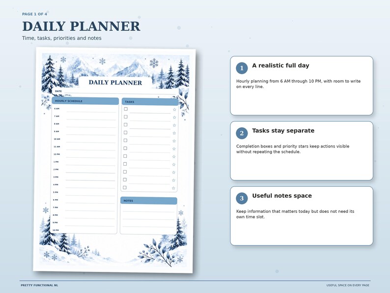 Winter Mountains daily planner with a 6 AM to 10 PM hourly schedule, task checklist and lined notes area.