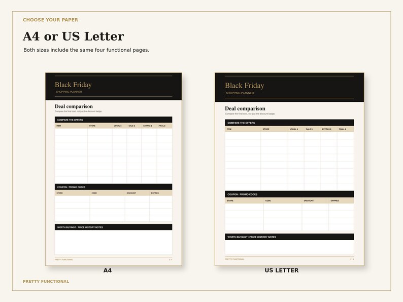 A4 and US Letter versions of the same planning page shown side by side.