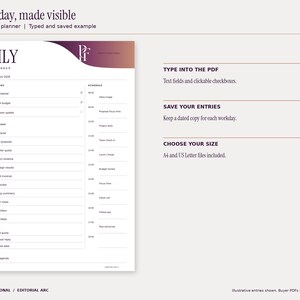 Editorial Arc daily fillable planner with a November 2 workday example, top priorities, hourly schedule, tasks and follow-ups. Typed entries and selected checkboxes are rendered from the saved fillable PDF. Design uses plum and copper gradients and the PF monogram.