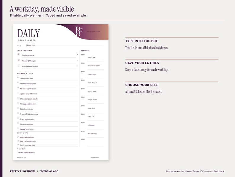 Editorial Arc daily fillable planner with a November 2 workday example, top priorities, hourly schedule, tasks and follow-ups. Typed entries and selected checkboxes are rendered from the saved fillable PDF. Design uses plum and copper gradients and the PF monogram.