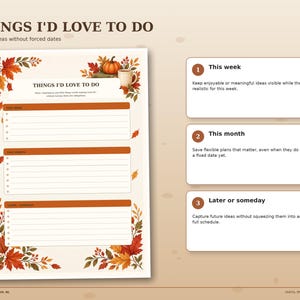 Autumn things I’d love to do planner with separate sections for this week, this month and later or someday ideas without fixed dates.