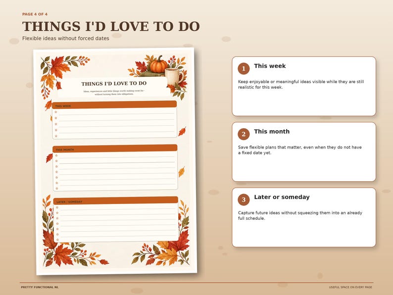 Autumn things I’d love to do planner with separate sections for this week, this month and later or someday ideas without fixed dates.