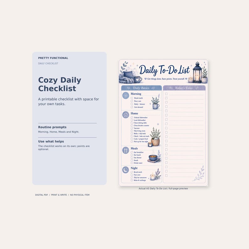 Actual Cozy Daily Checklist A5 Daily To-Do List with Morning, Home, Meals, Night and Today’s Tasks, shown as a full-page printable preview.