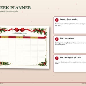 Undated Christmas four-week planner with 28 day spaces for deadlines, routines, appointments and seasonal planning.