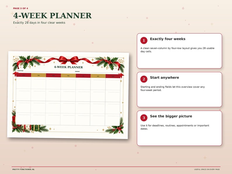 Undated Christmas four-week planner with 28 day spaces for deadlines, routines, appointments and seasonal planning.