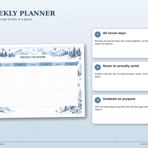 Winter Mountains weekly planner with Monday through Sunday columns and writing space for appointments, tasks and plans.