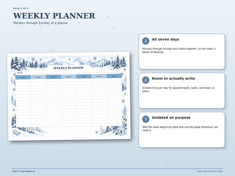 Winter Mountains weekly planner with Monday through Sunday columns and writing space for appointments, tasks and plans.