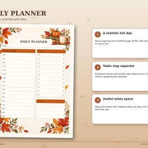 Autumn daily planner page with hourly schedule from 6 AM to 10 PM, task checklist with priority stars and notes section for everyday planning.