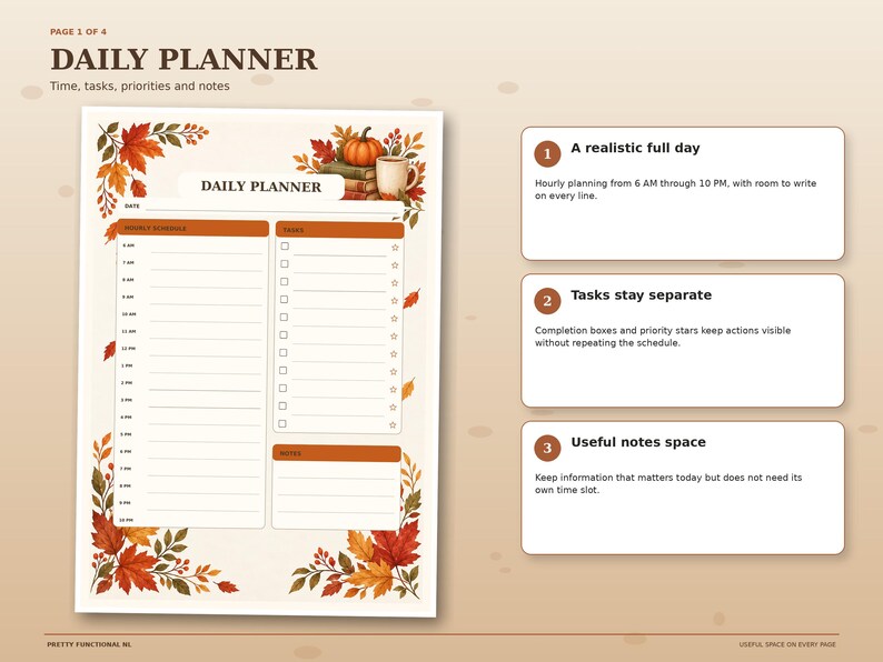 Autumn daily planner page with hourly schedule from 6 AM to 10 PM, task checklist with priority stars and notes section for everyday planning.